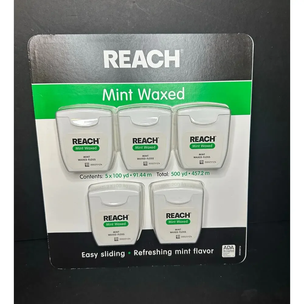 REACH Mint Waxed Dental Floss 5 Pack 500 Yards Total 100 yd Each
